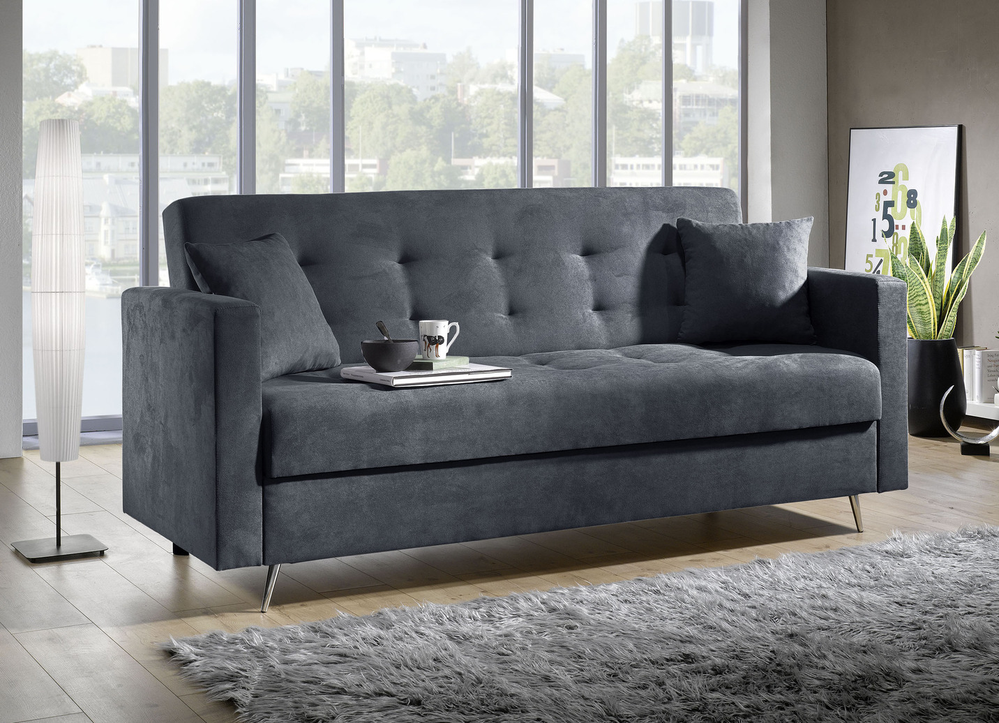 Schlafsofa auf Chromfüßen mit Bettkasten