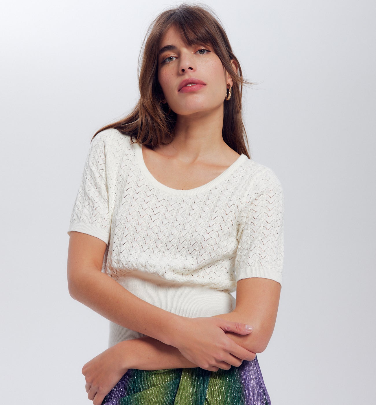 Pull court maille dentelle - Ecru