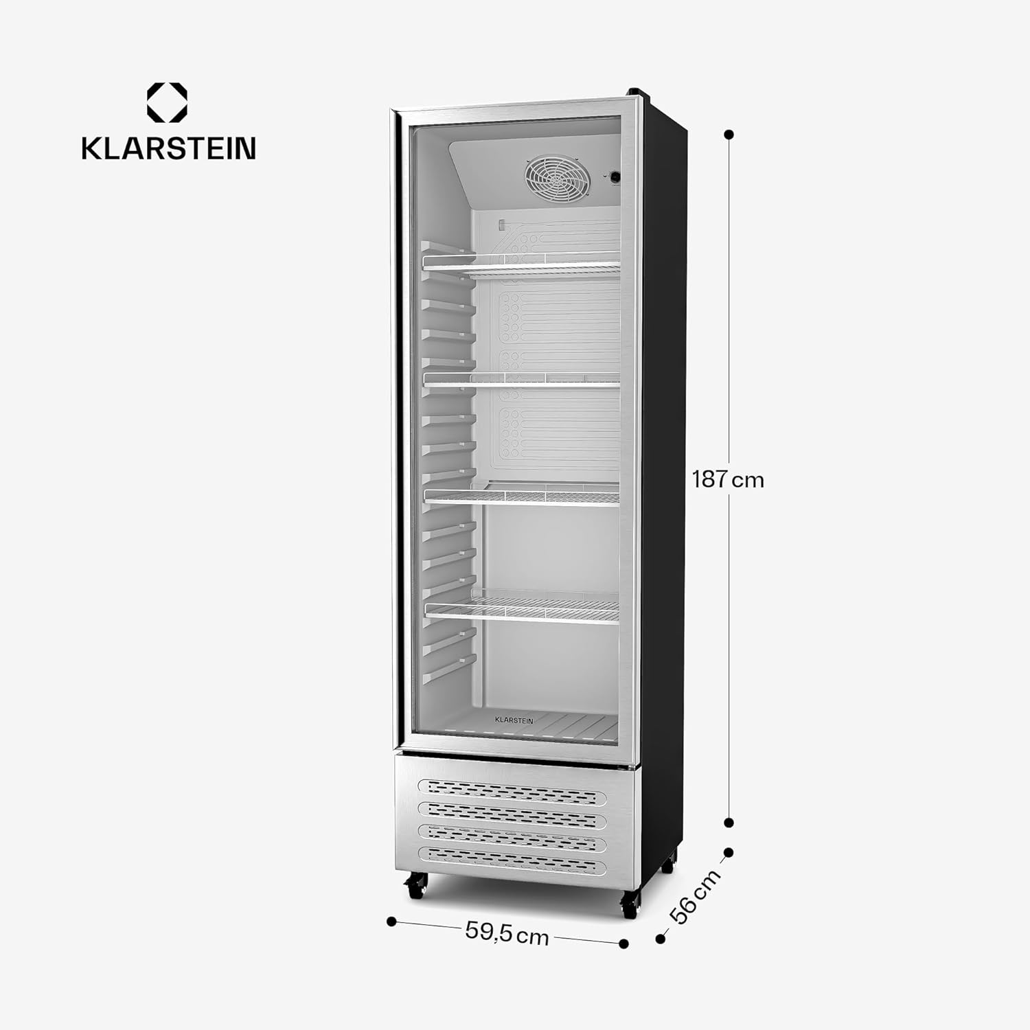 Klarstein GrandCooler 306L Getränkekühlschrank - Doppelverglaste Tür, Aluminium-Tür, LED-Beleuchtung, Mechanischer Thermostat, 0 °C bis 10 °C, 4 Räder, Energieklasse B