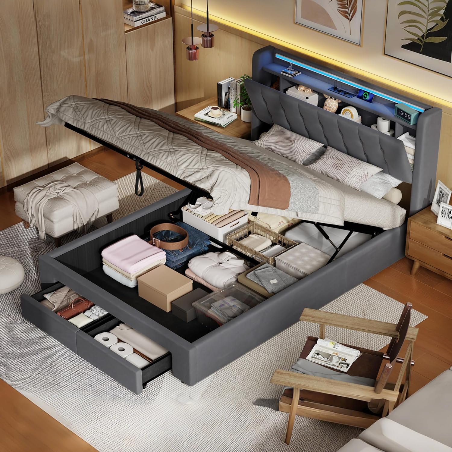okwish Polsterbett 140x200 cm mit Bettkasten und Schublade, gepolstertes Kopfteil mit LED & USB und Stauraum, Bettgestell mit Lattenrost, Samt Dunkelgrau, als Jugendbett geeignet (ohne Matratze)