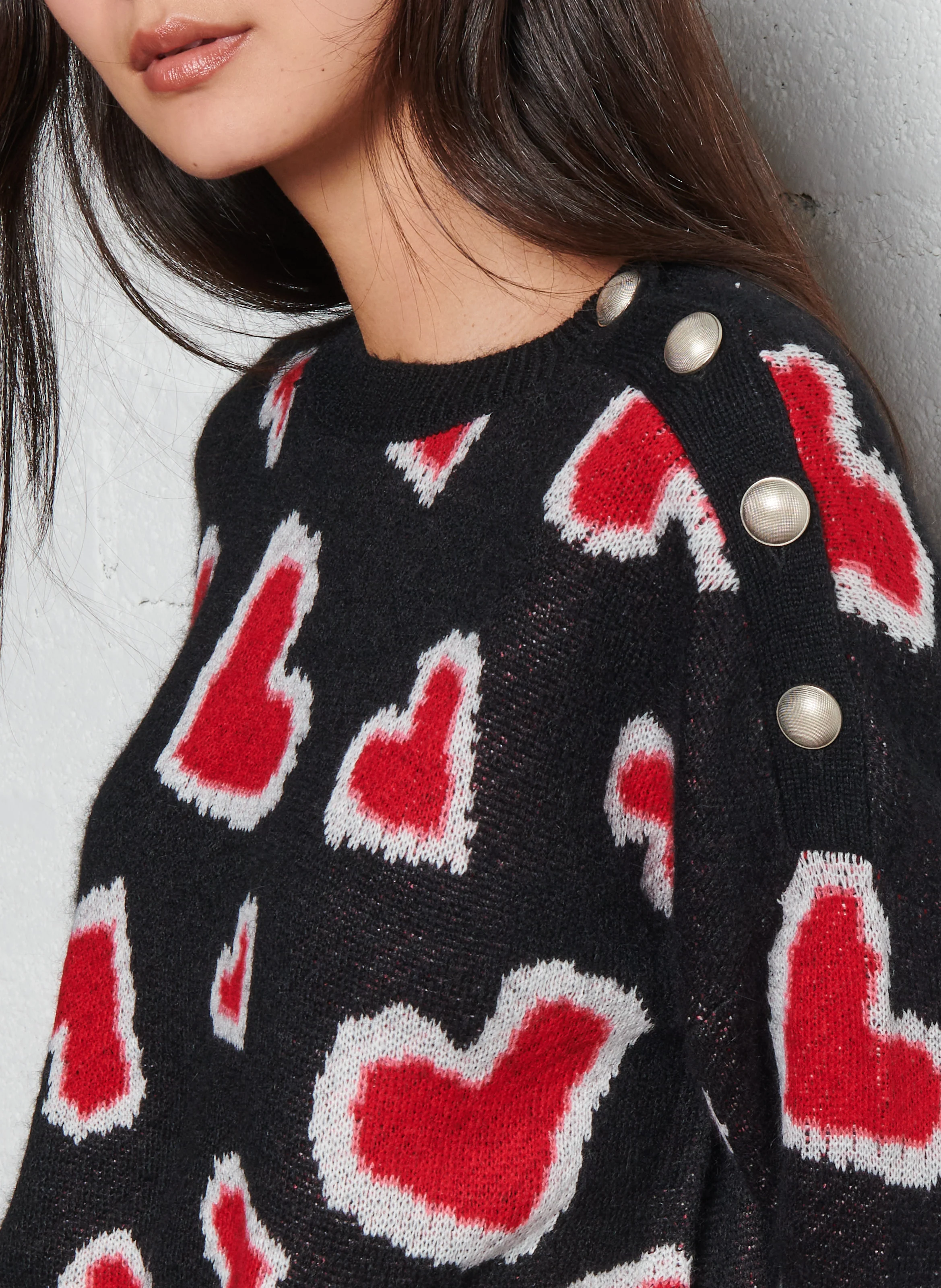 Pull ample col rond jacquard en laine mélangée | Noir