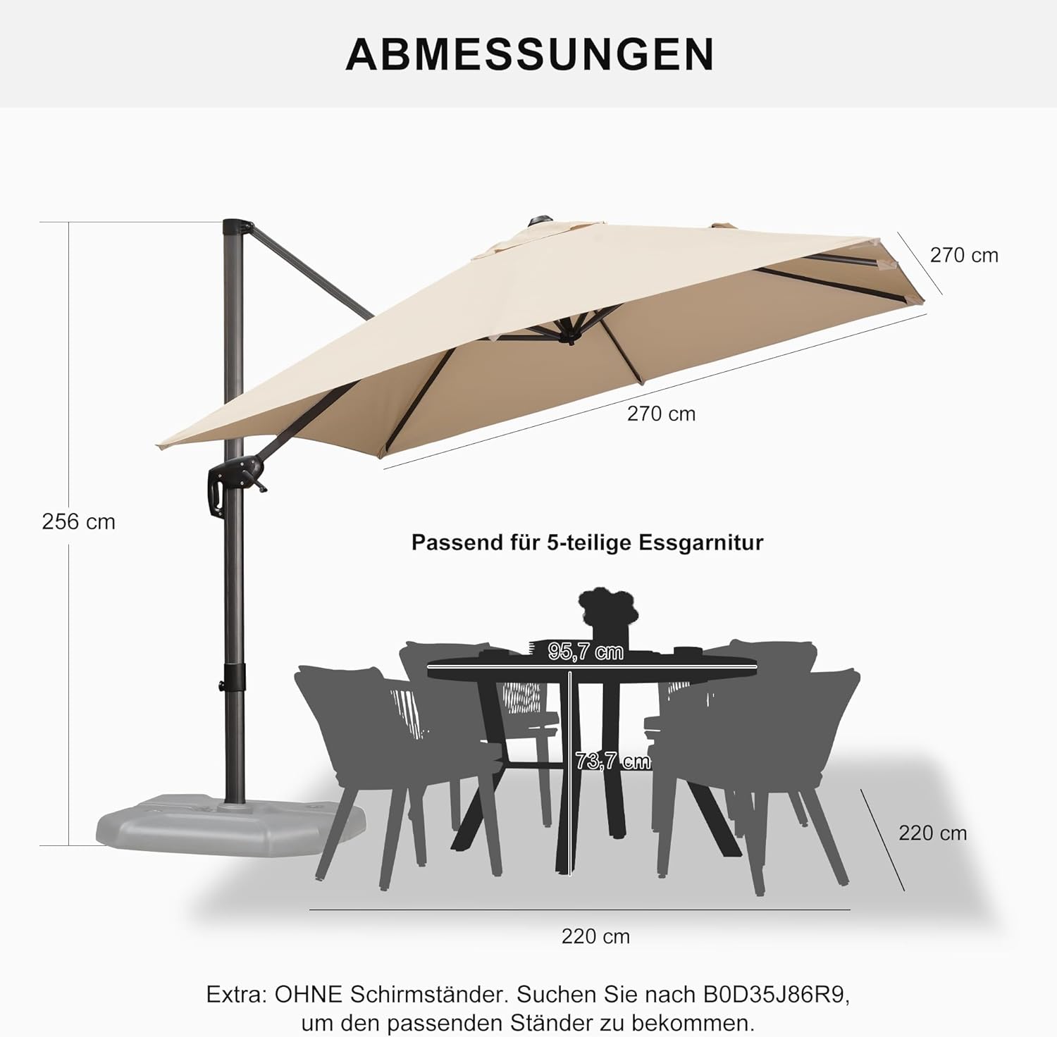 PURPLE LEAF Sonnenschirm 270 x 270 cm Groß Ampelschirm mit Kurbel 360-Grad Drehbar mit Fußpedal und Kreuzsockel für Terrasse, Balkon Sonnenschutz, Beige
