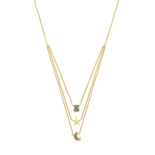 Colar com banho de ouro 18k sobre prata, diamantes e pérola Nocturne.