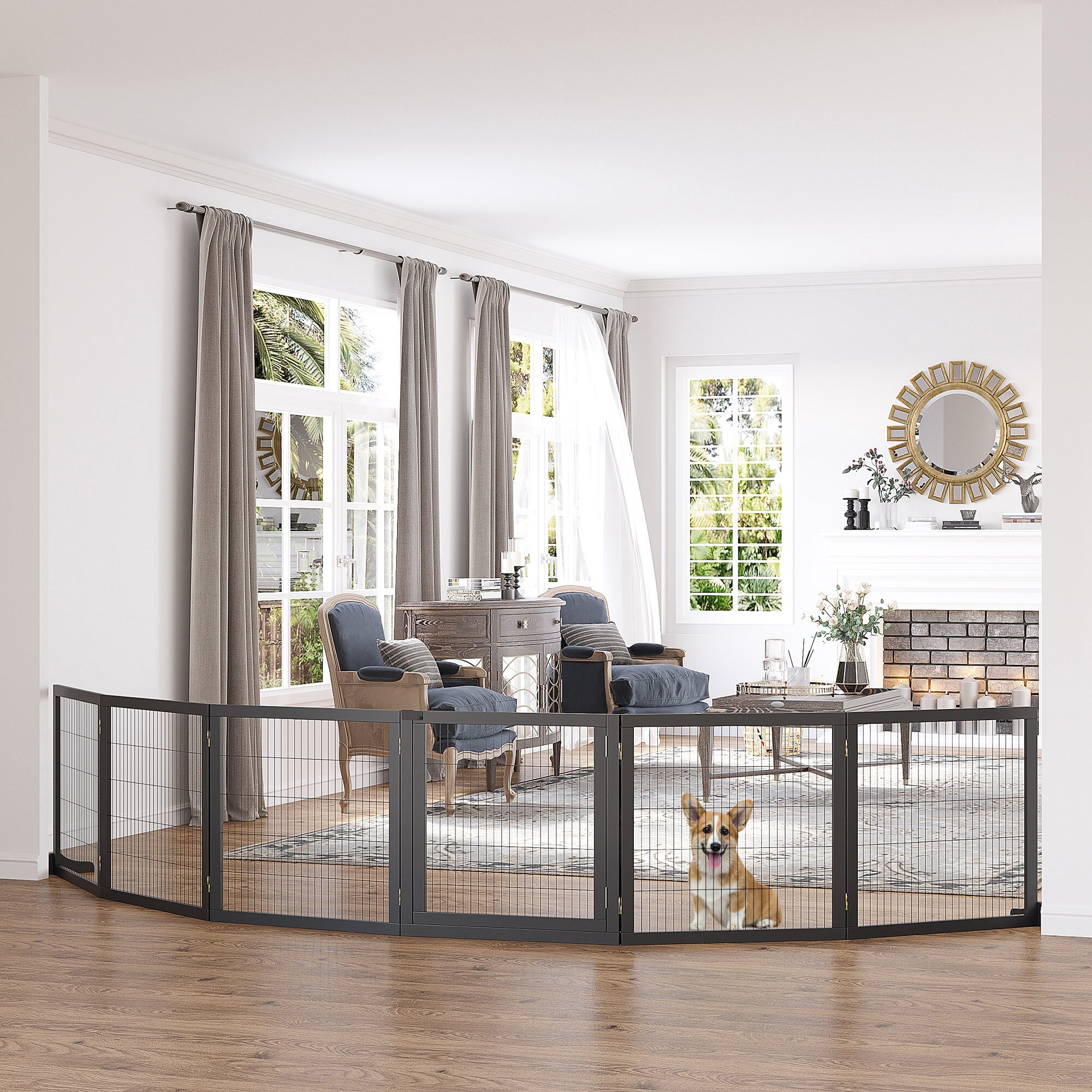 PawHut Türschutzgitter mit sechs separaten Paneelen schwarz 432L x 36B x 70H cm