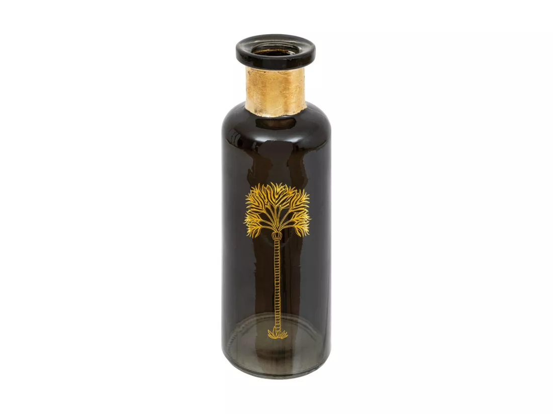 Vase bouteille en verre Vert Foncé motif Palmier doré H 21.5 cm