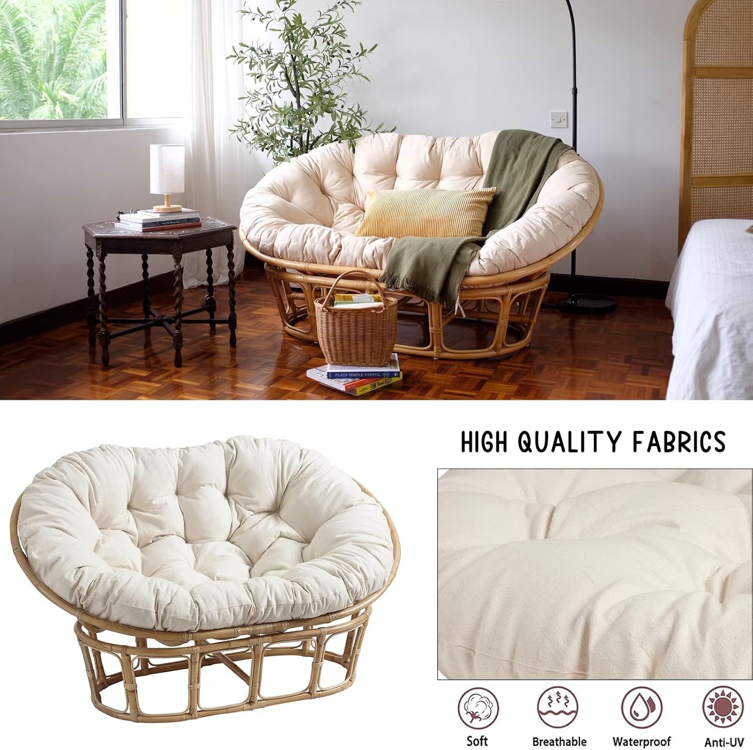 Großes Doppel Papasan Sitzkissen Outdoor Wasserdicht Papasan Chair Cushion Hängend/Ei/Schaukel/Hängematte Stuhlkissen Verdicken Komfortable Weiche Garten Stuhlauflage,Weiß,65 * 45 in