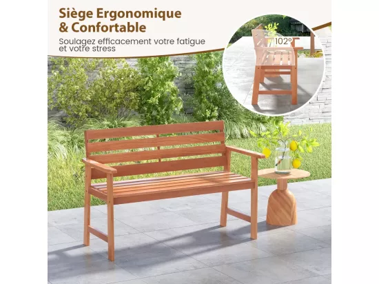 Banc de Jardin en Bois Massif, Banc d'Extérieur à 2 Places avec Accoudoirs, Siège à Lattes pour Parc, Porche, Cour, Charge 180 KG, 120,5 x 64 x 84 CM (L x l x H), Naturel