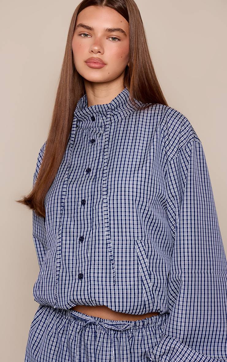 Bleu Marine Ensemble Coordonné Chemise À Col Montant Et Taille Élastiquée Imprimé À Carreaux