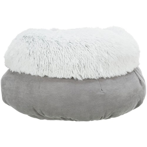 Cama redonda Trixie Harvey para cães, cinza e branca.