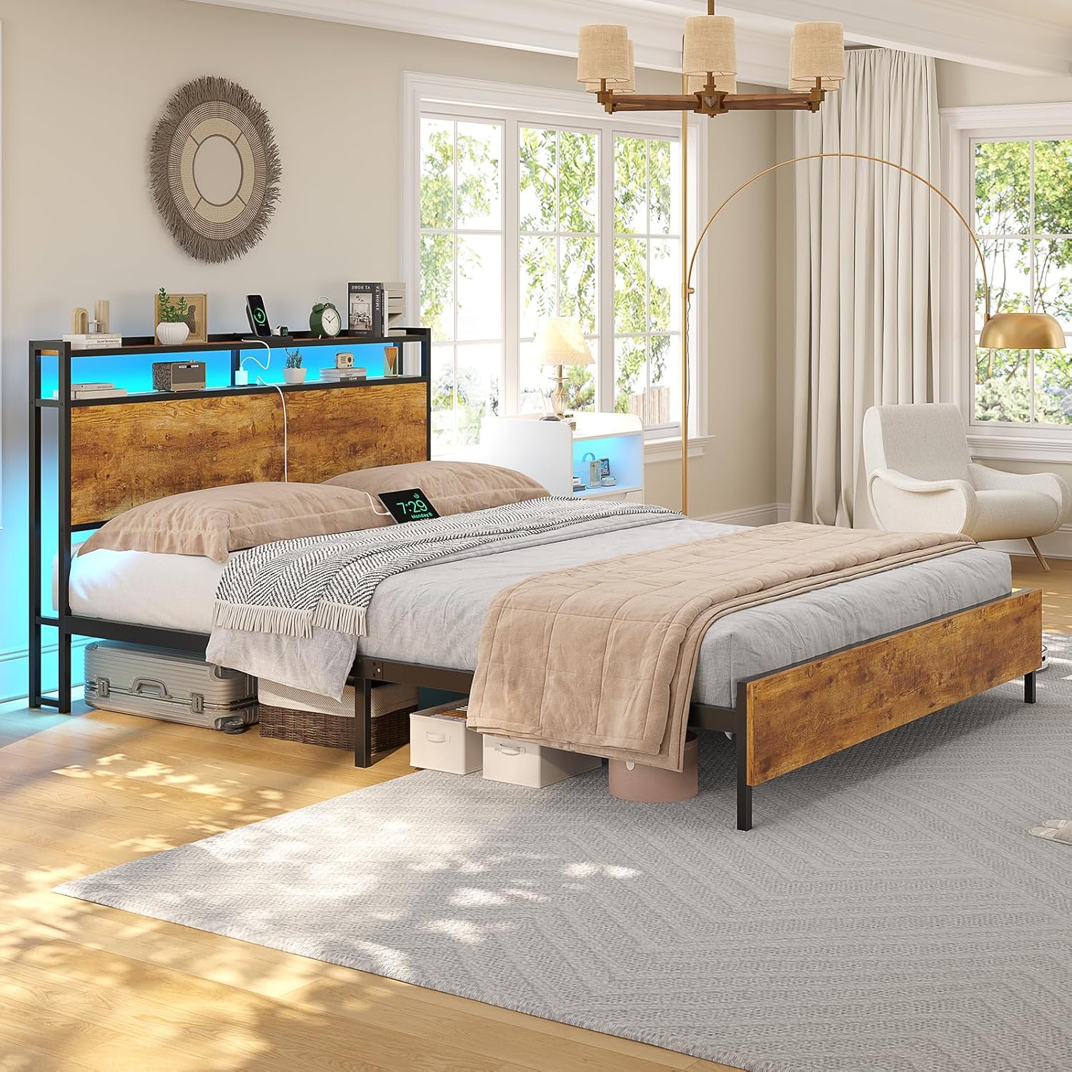 Bett 120x200cm mit LED Beleuchtung und 2 USB+2 AC Steckdose Metallbett Bettgestell 120x200 mit Metallrahmen &Holzkopfteil mit Stauraum, Bettrahmen Doppelbett Robust und Stabil Leichte Montage