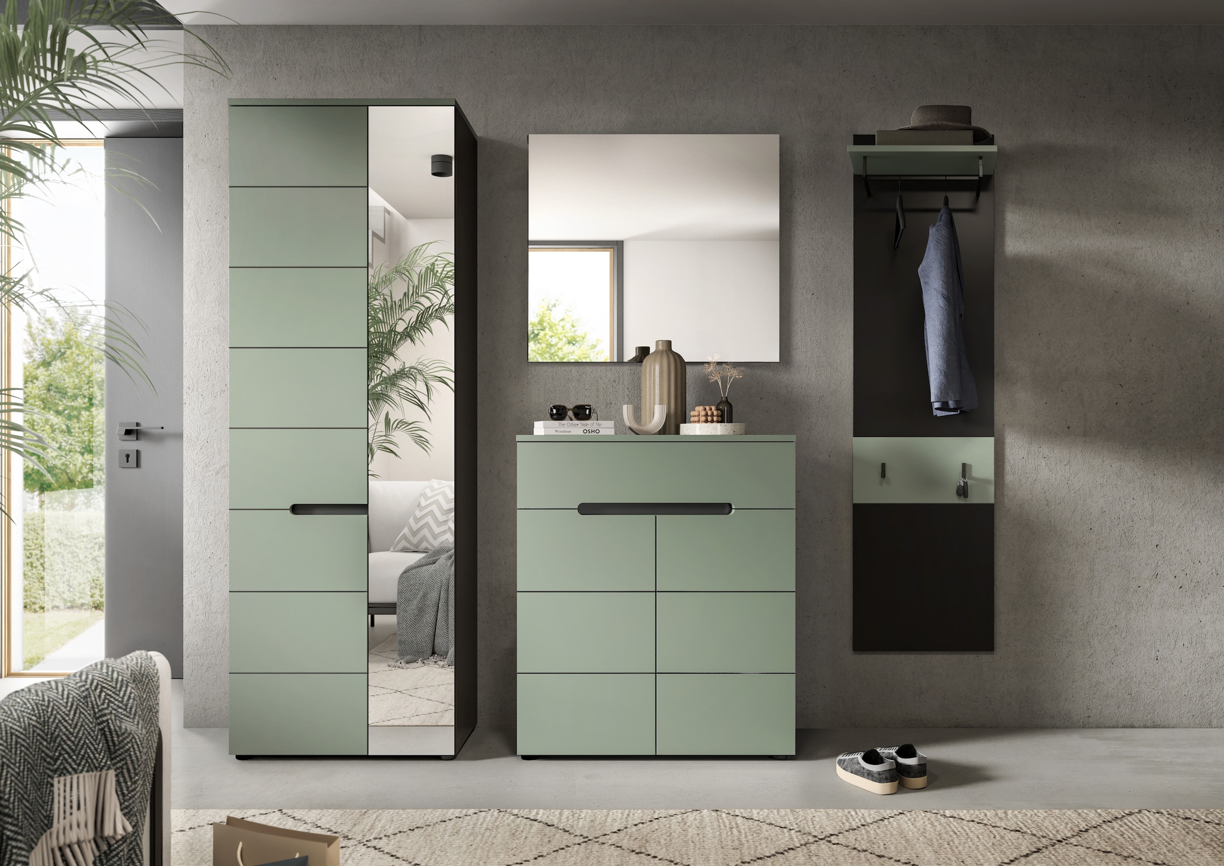 INOSIGN Garderoben-Set »REHAT, TOPSELLER!, 4-teilig, Breite 220 cm, individuell erweiterbar« Set, bestehend aus: Garderobenschrank, Kommode, Spiegel & Garderobenpaneel, 4 Stk. tlg.