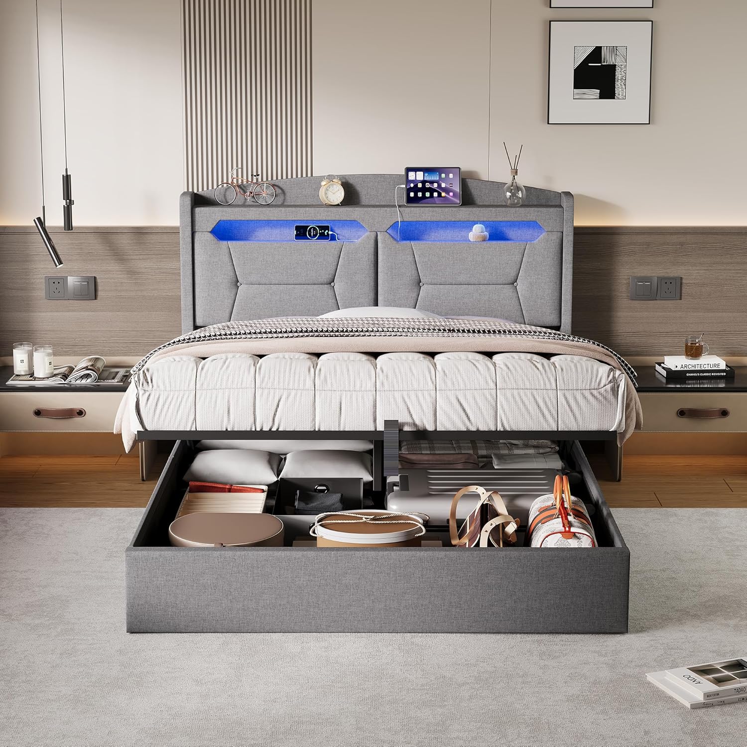 Polsterbett Doppelbett 140x200, LED Jugendbett Hydraulisch Bett mit Stauraum, LED-Kopfteil mit USB Typ-C & Staufach, Boxspringbett Bettgestell mit Lattenrost, Linen, Hellgrau, Ohne Matratze