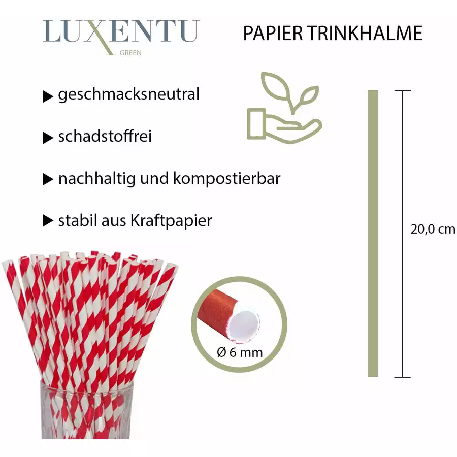 Luxentu Papier-Trinkhalme gestreift 20 cm 100er Set rot