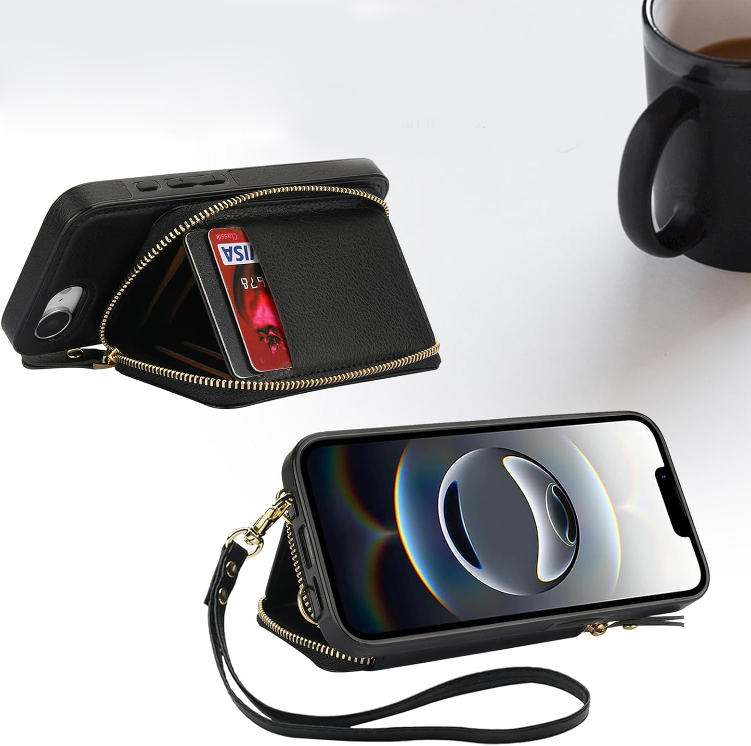 iPhone 16e Necklace Leder Schutz Hülle mit Kartenfächer   Handykette (140cm) - Schwarz