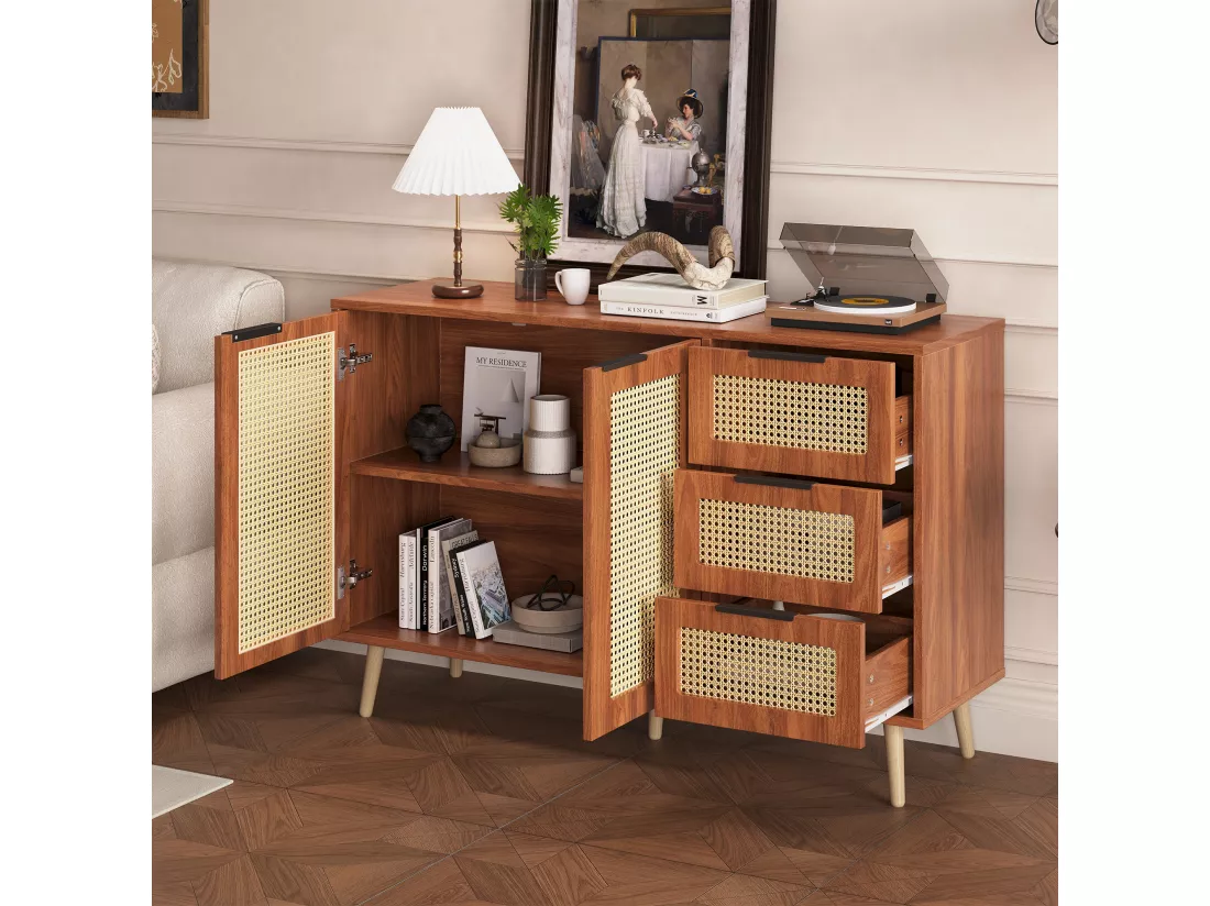 Buffet vintage en rotin avec 2 portes et 3 tiroir - 120 x 38 x 78 cm - MDF - pour cuisine et salon - Noyer