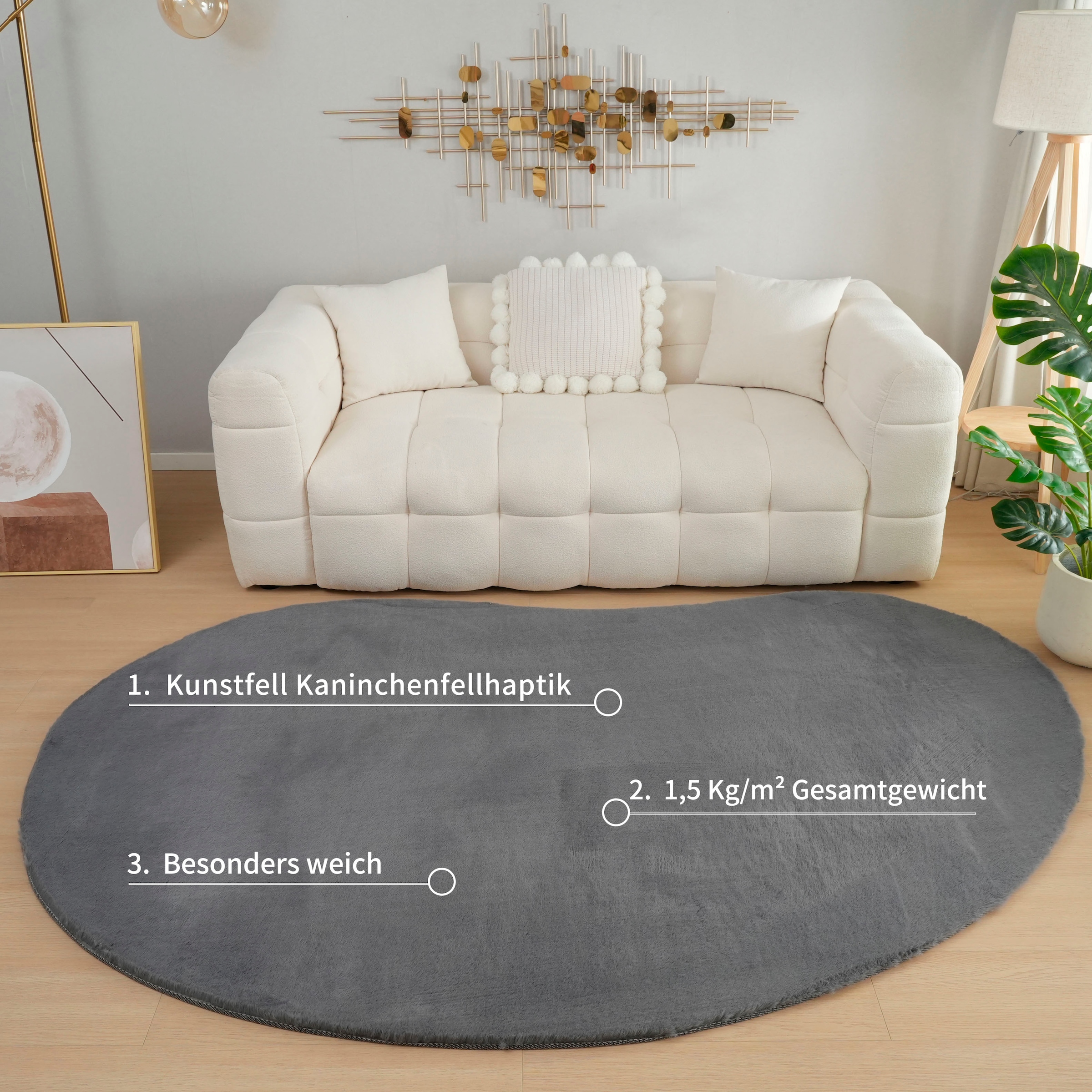 Bruno Banani Hochflor-Teppich »Rabbit 2 Bean, Kunstfell Teppich, Modern, besondere Form« U-förmig 25 mm Höhe Kaninchenfell-Haptik, Microfaser, Wohnzimmer, Schlafzimmer, Esszimmer