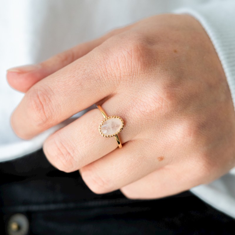 Bague Plaqué Or Pierre Precieuse Quartz Rose Cabochon