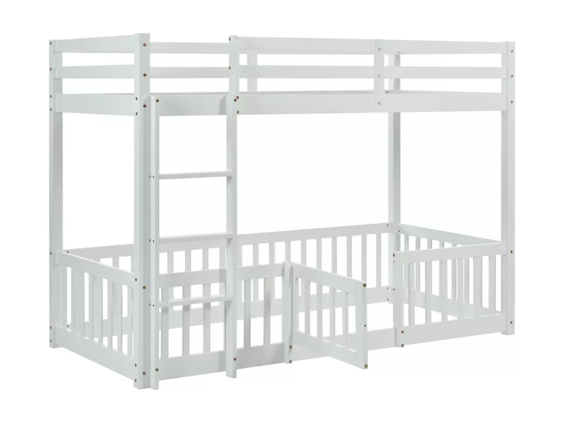 Lit superposé en bois massif - 90x200 cm - avec barrières de sécurité - Blanc