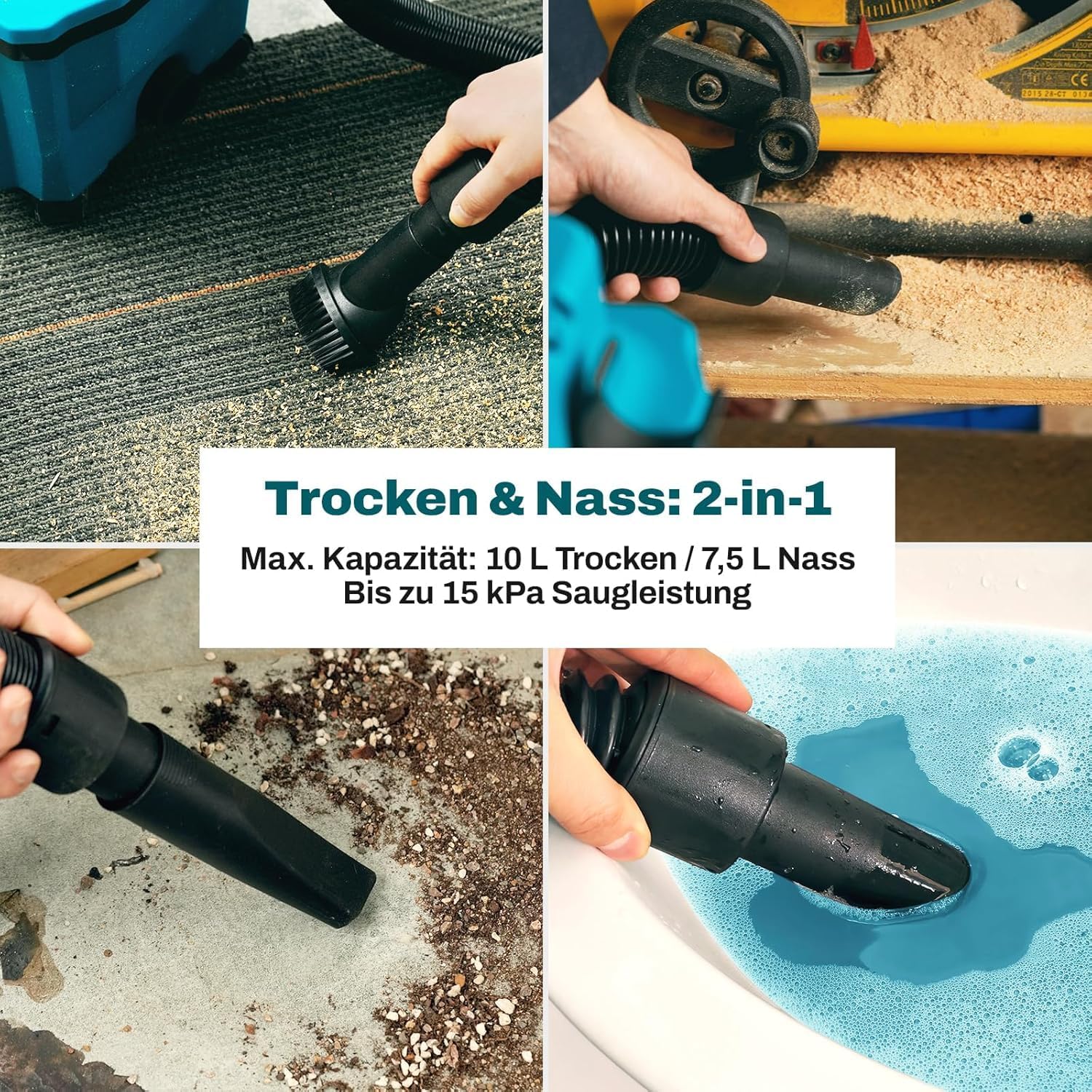 Akku-Nass-Trockensauger Kompatibel mit Makita 18V Akku, 10L Trocken/7.5L Nass, 15kPa Saugkraft, HEPA-Filter, Blasfunktion, CSV001 mit 2 m-Schlauch & Zubehör (ohne Akku und Ladegerät)