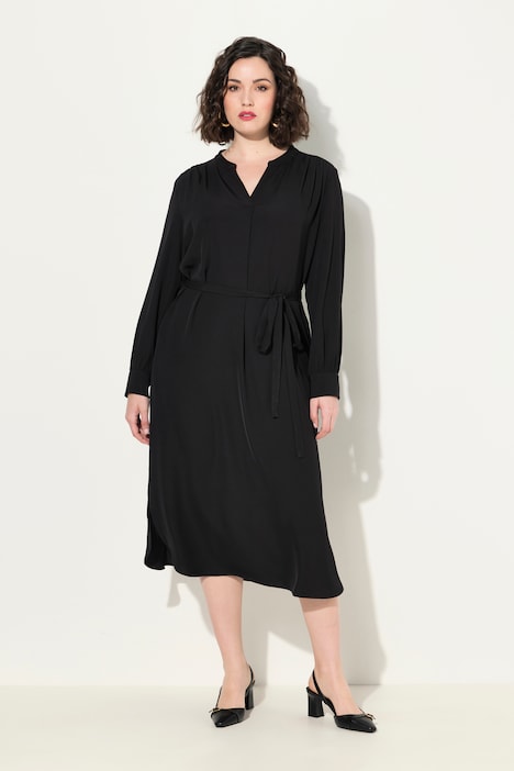 Midikleid, V-Ausschnitt, Bindegürtel, Langarm, Taschen