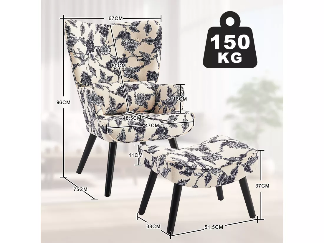 Fauteuil HomeMiYN avec Coussin et Tabouret - Chaise d'Angle Rustique pour le Salon
