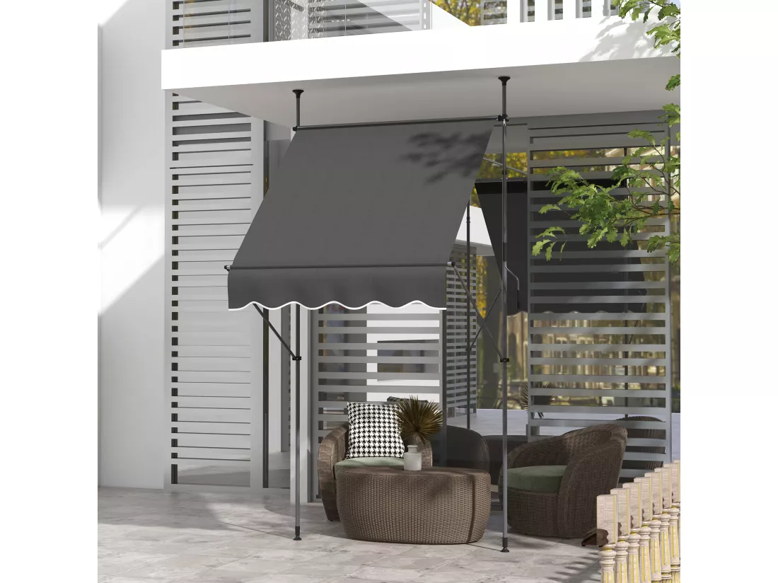Store banne autoportant manuel rétractable 1,5L x 1,2l x 2,1-3H m inclinaison réglable métal alu polyester gris