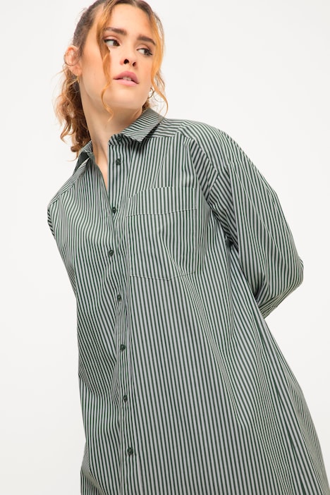 Hemdbluse, Oversized, Streifen, Hemdkragen, Langarm, Patch