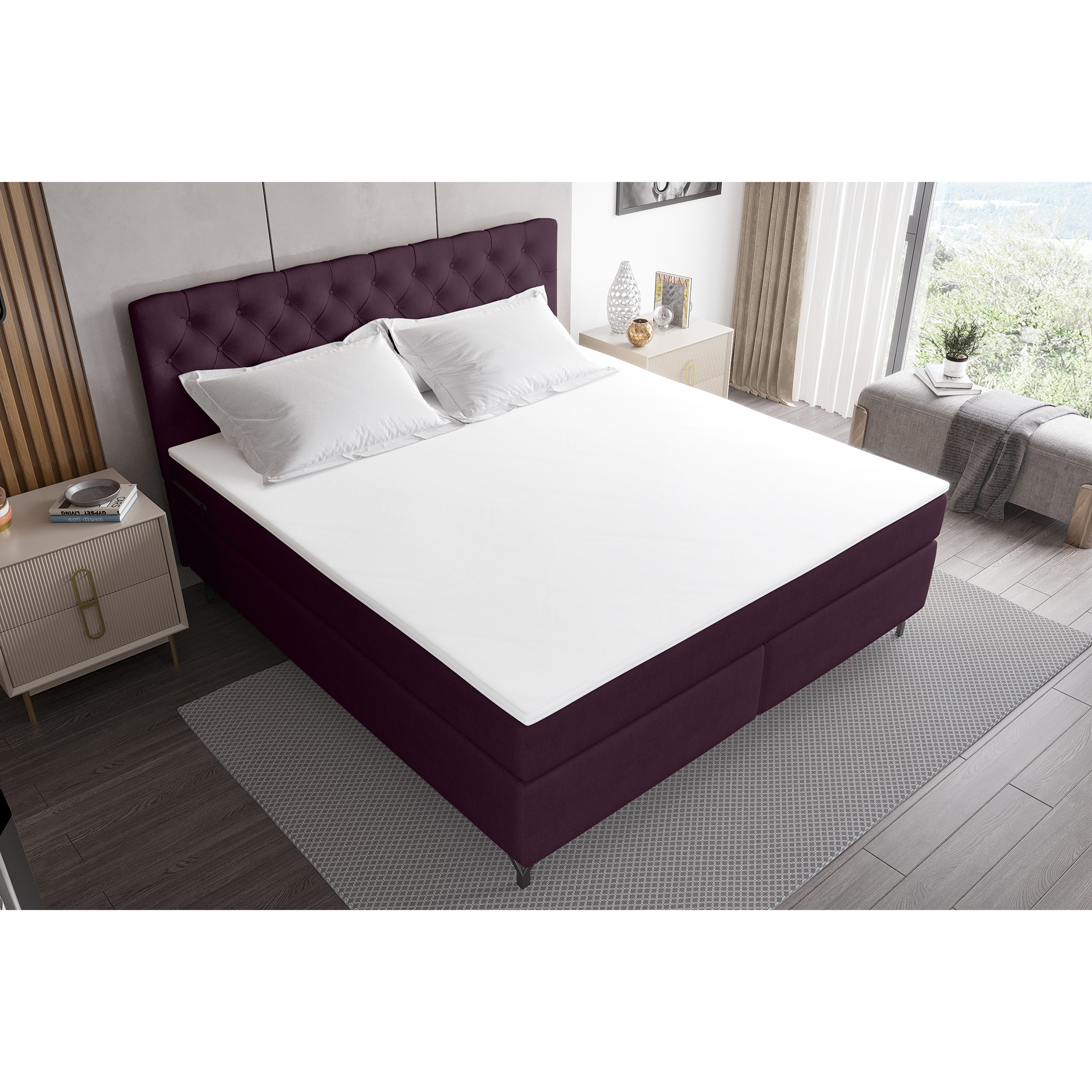 Boxspringbett - weinrot - inklusive Topper - 180x200 cm