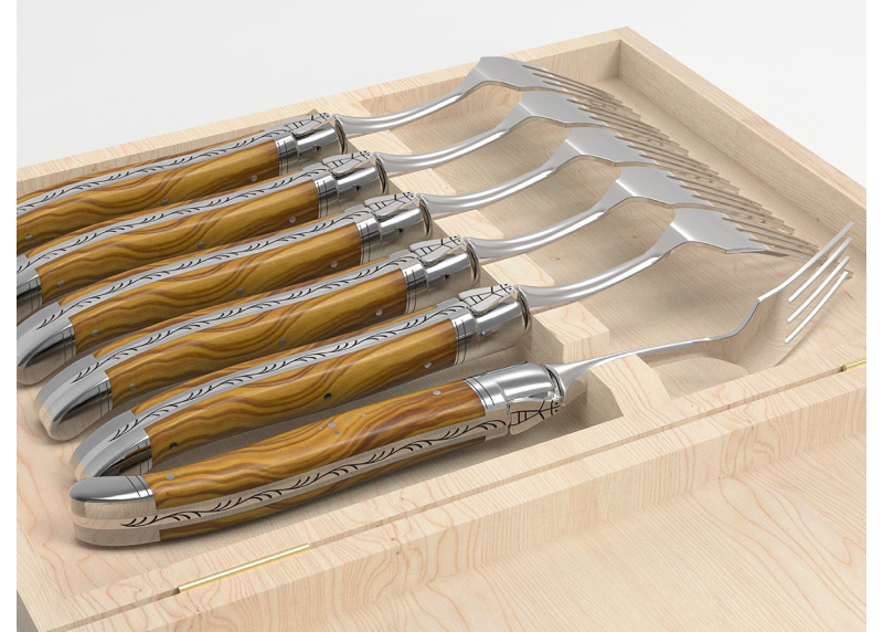 Service de 6 fourchettes Laguiole avec un manche en bois d'olivier et mitres en acier inoxydable