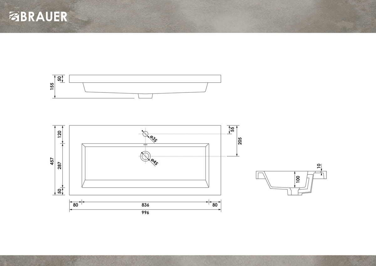 Brauer Solar Medium wastafel mineraalmarmer 100cm met 1 kraangat wit mat