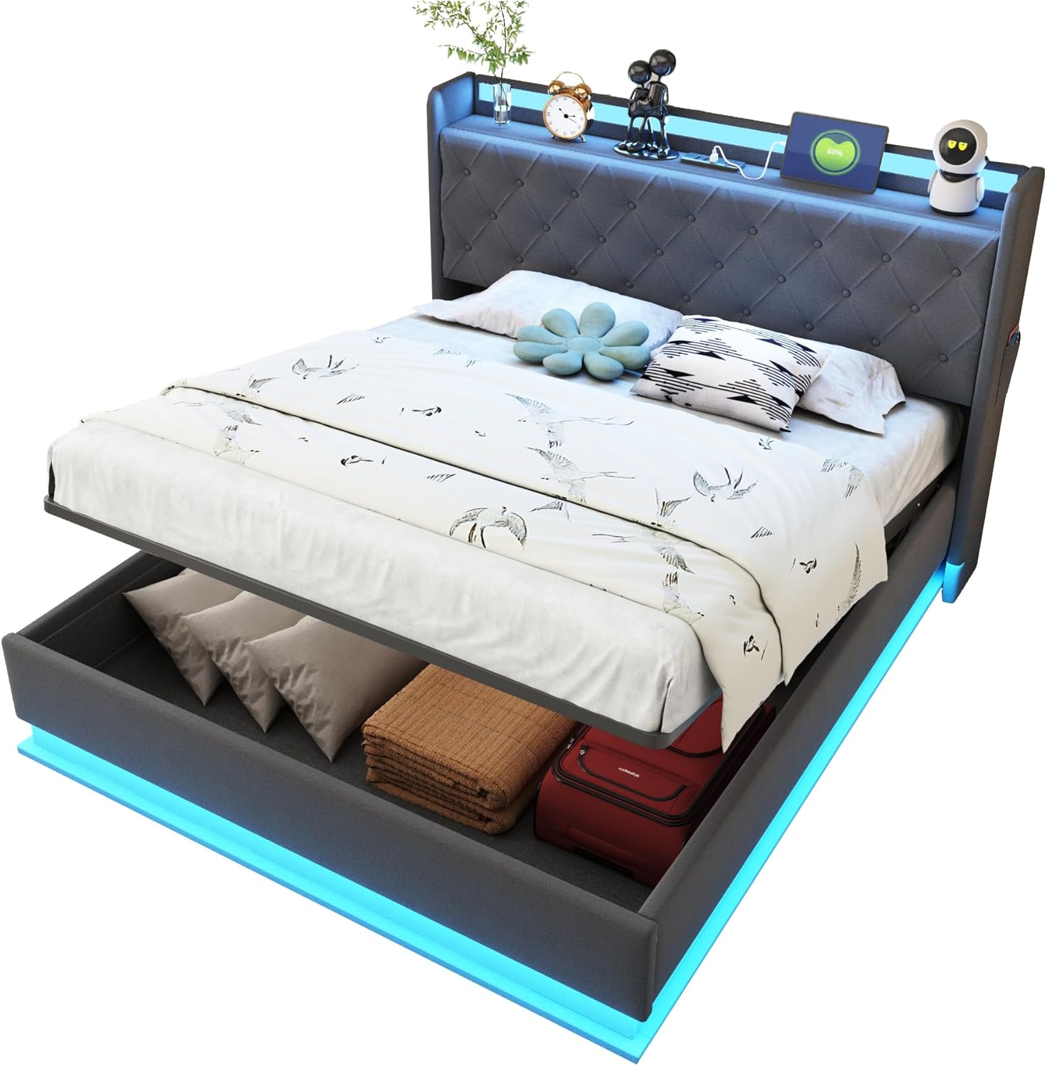Polsterbett Doppelbett Bett 140x200 cm mit Stauraum und Kopfteil, Hydraulisches Stauraumbett mit USB und LED, Jugendbett Bettgestell mit Lattenrost, Leinen, Grau, Ohne Matratze