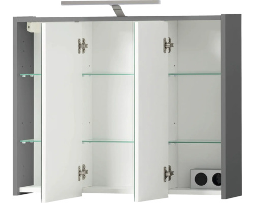 Spiegelkast Carlos, 74,5 x 16 x 64 cm, antraciet, 3-deurs, LED