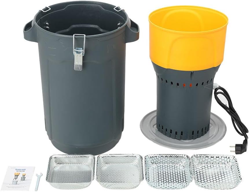 Elektrische Getreidemühle mit 25L Eimer, 1000 Watt Elektromotor,6,5L Einfülltrichter, 300 kg/h, Schrotmühle mit Edelstahlklinge, fünf Siebe inkl., Zerkleinerer für Getreide, Futterherstellung