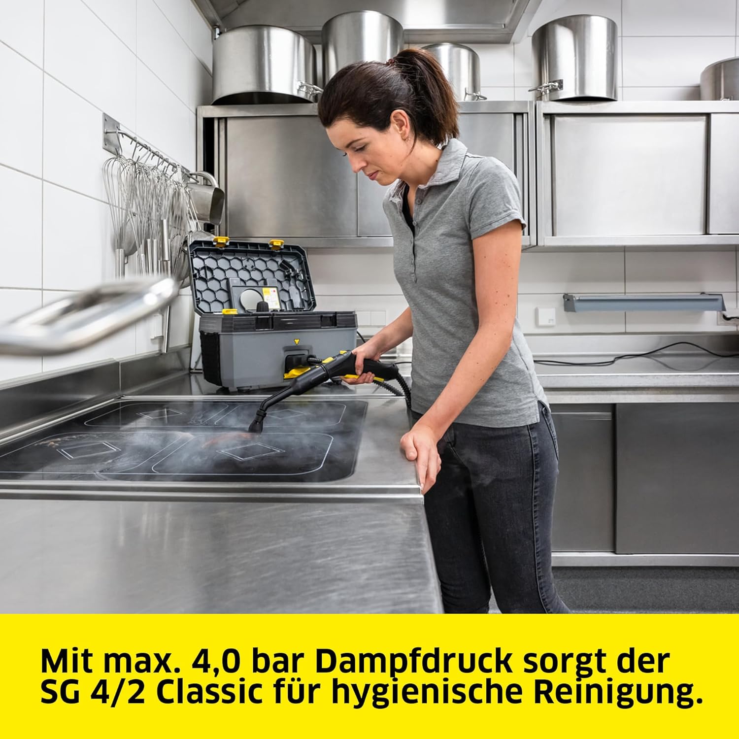 Kärcher Dampfreiniger SG 4/2 Classic, Dampfdruck: 4 bar, Tank: 0,5 l Kesselinhalt + 1,5 l Frischwassertank, Handdüse mit Bürste, 2,5 m Dampfschlauch, Powerdüsenset, Flachbürste