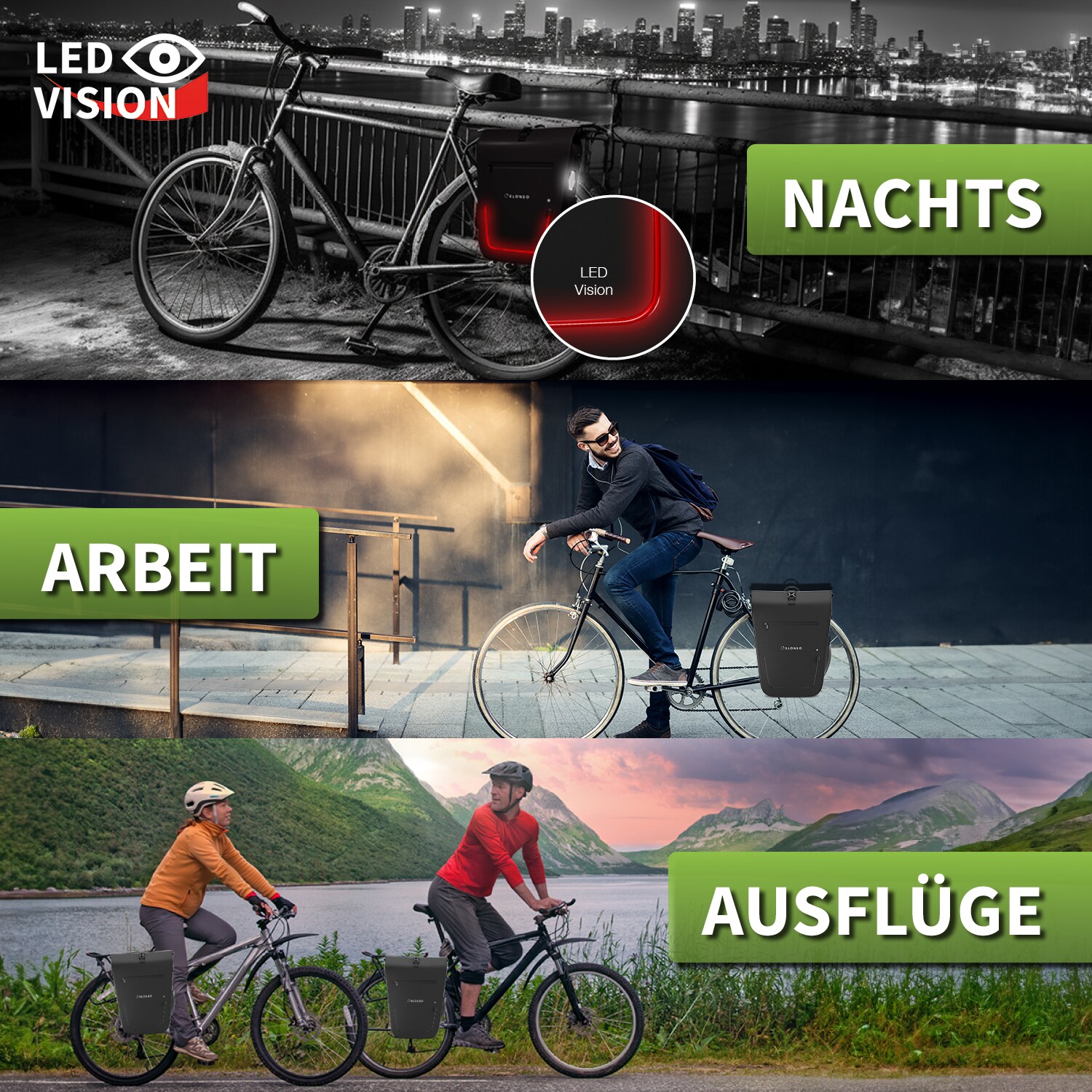 eloneo Fahrradtasche für Laptop wasserdicht mit LED, 25L