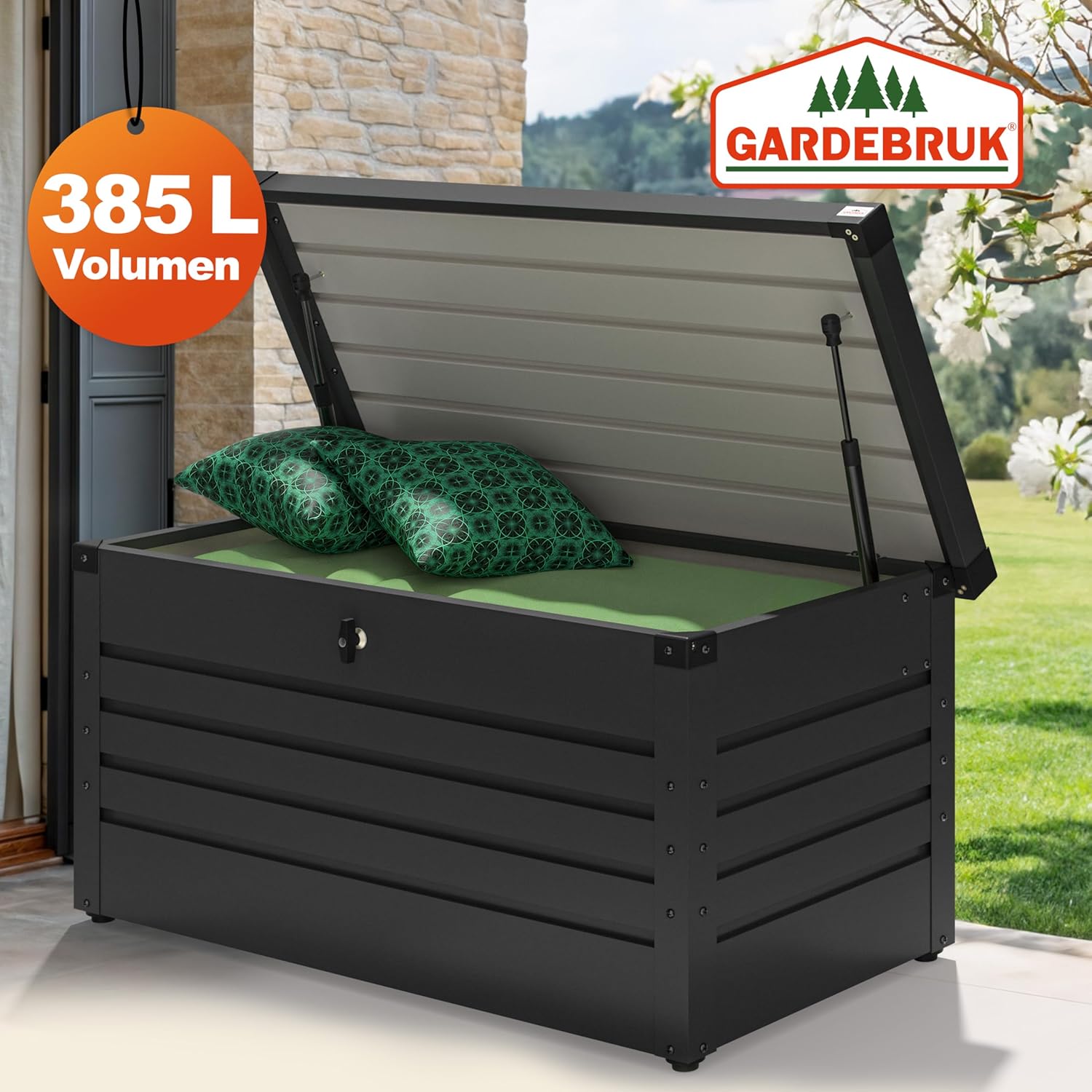 Gardebruk® Auflagenbox 385L Volumen Metall Abschließbar Gasdruckfeder 120x62cm Wetterfest Garten Balkon Keller Gartenbox Gartentruhe Anthrazit
