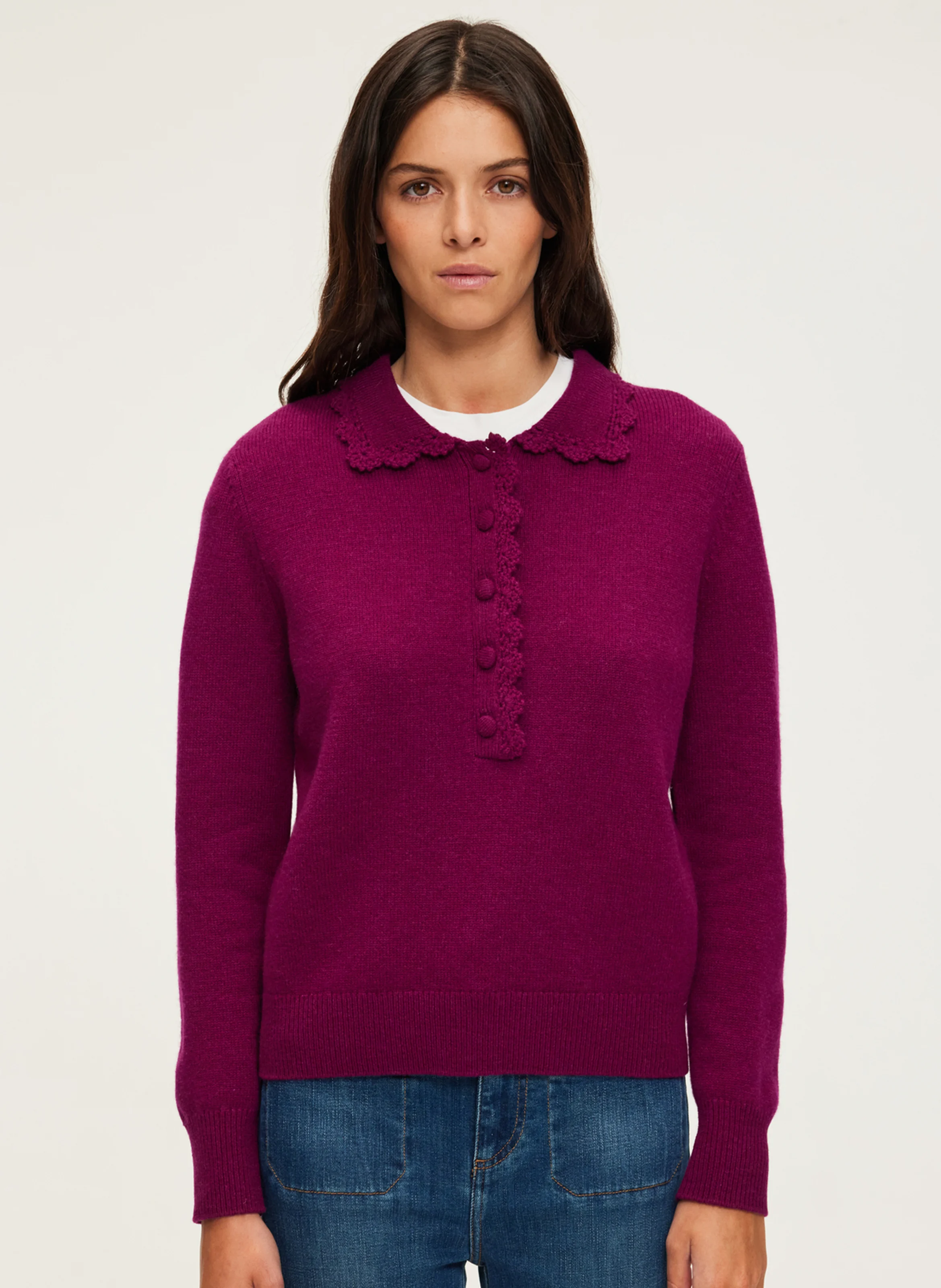 JANIRA - Pull polo droit en laine | Violet