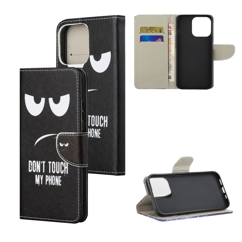 iPhone 13 Leder Tasche mit Kartenfach Don't Touch My Phone - Schwarz