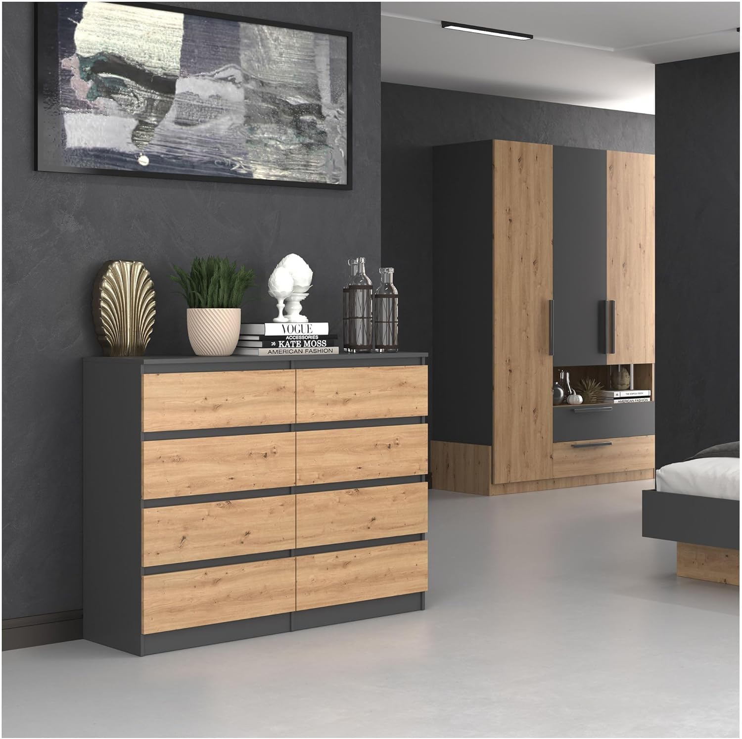 CDF Kommode Anthrazit Artisan mit 8 Schubladen 40 cm Tief Komodenschrank Komode für Wohnzimmer Schlafzimmer Schubladenschrank Malm Kommode viel Stauraum Geeignet Organizer Kleidung 120cm Breite Modern