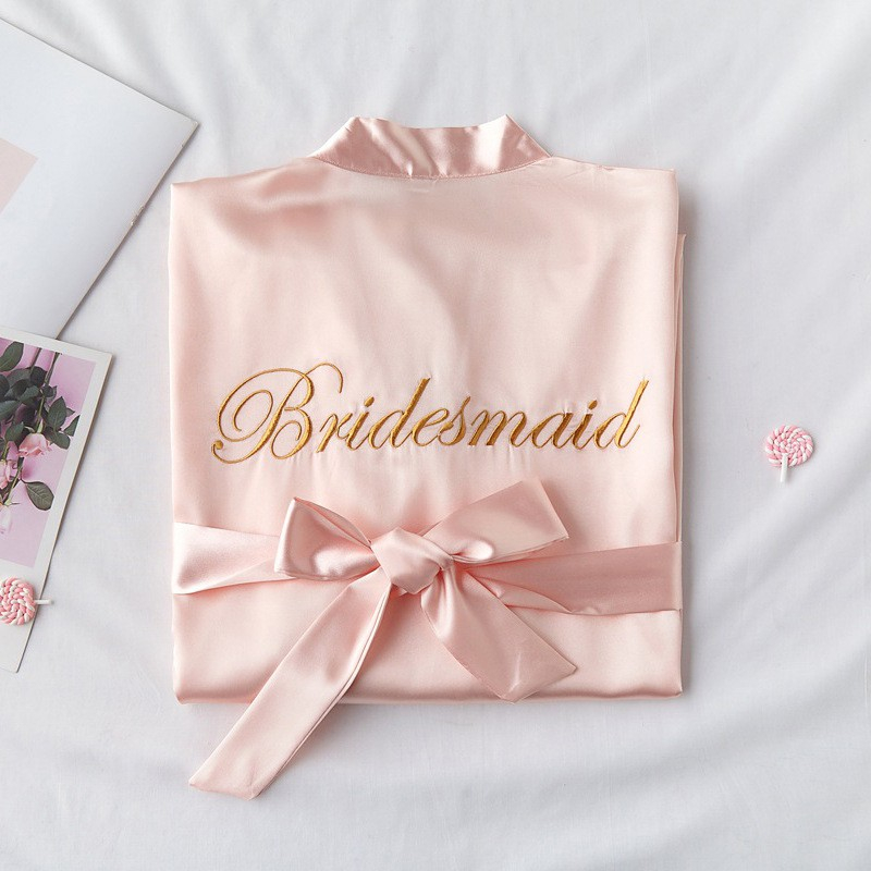 (160-170cm) Satin Morgenmantel Party Accessoire Bridesmaid Seiden Robe Junggesellinnenabschied - Rosa / Gold