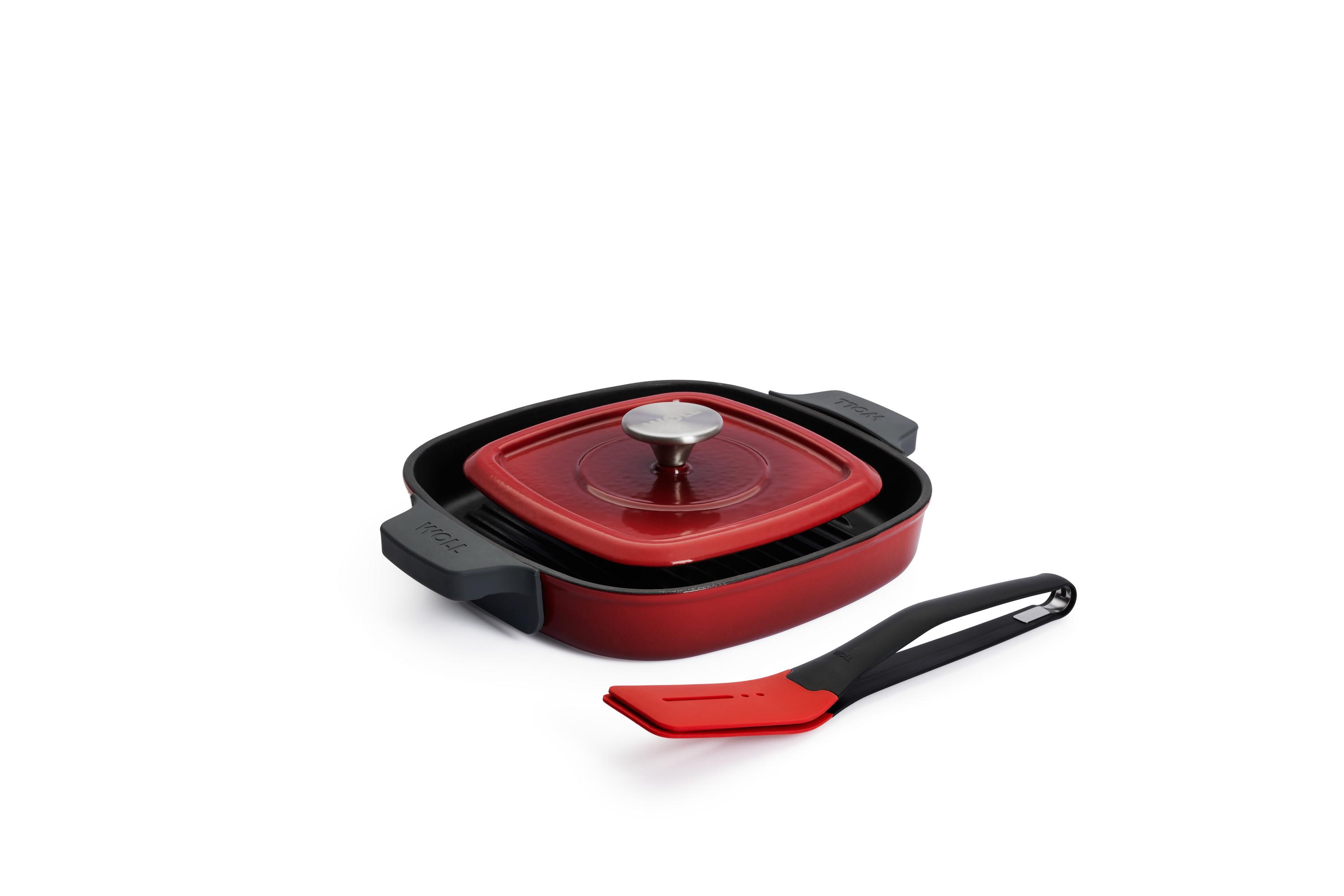 Iron Guss-Grillpfannen-Set mit Küchenzange, 24 x 24 cm - Farbe: Chili Red