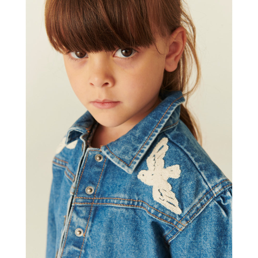 Køb COPENHAGEN COLORS Indigo Blue Washed Denim Flæse Jakke W. Crochet Doves