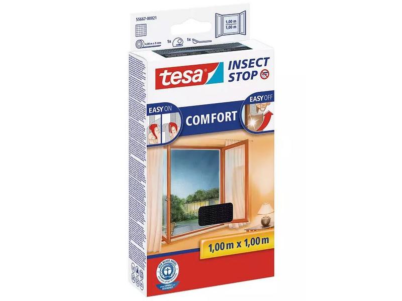 tesa Fliegengitter -Set Comfort, 2x 1 m x 1 m, Anthrazit Insektenschutz Insect Stop mit selbstklebendem Klettband für Fenster, 2er-Pack