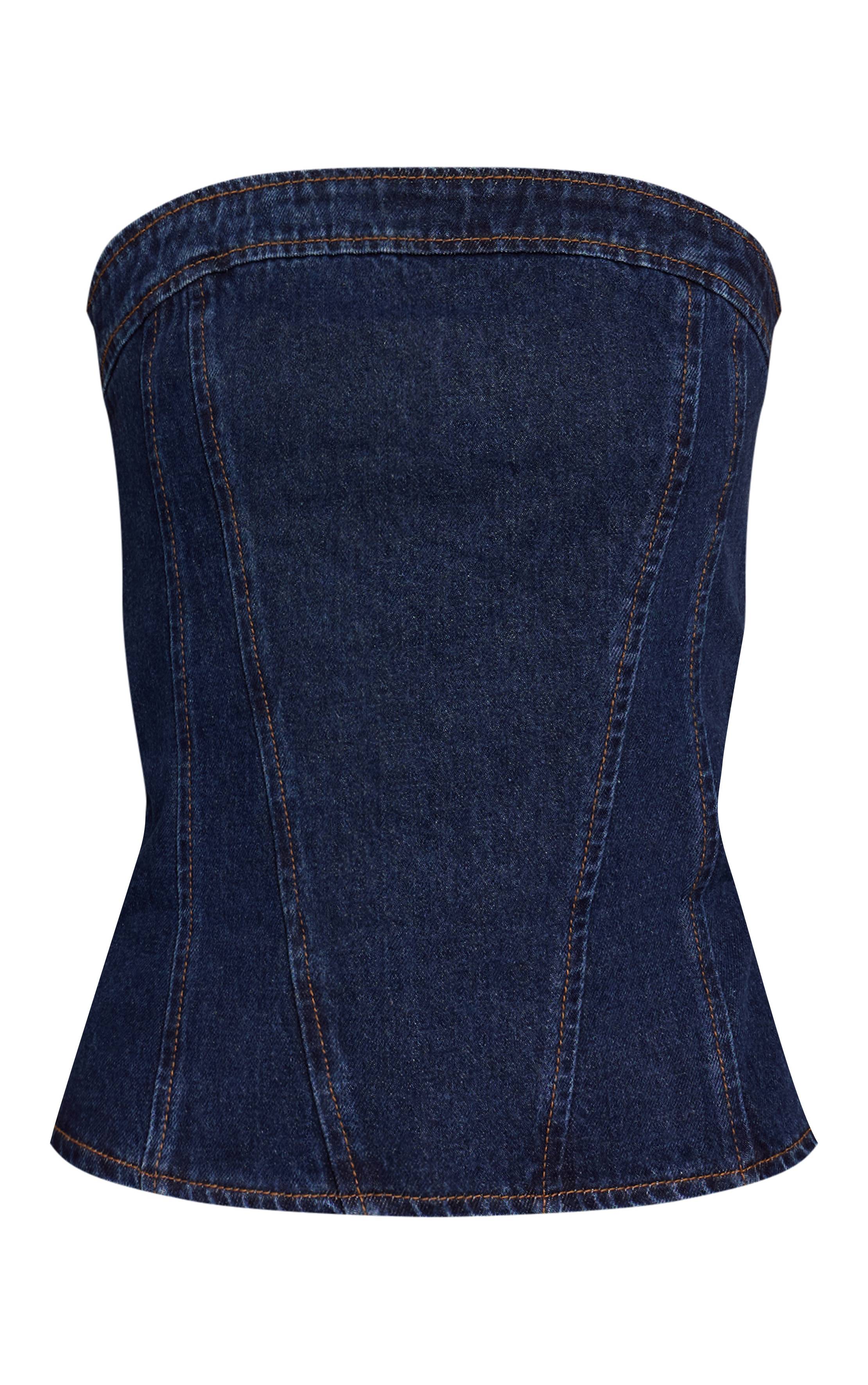 Bleu Indigo Top Corset Bustier En Denim Sans Bretelles Pour Grande Taille
