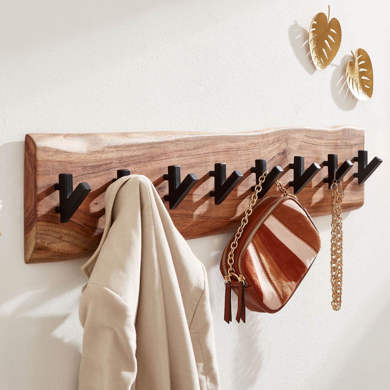 Wandgarderobe - Akazie massiv - hellbraun - 8 Haken - 90 cm