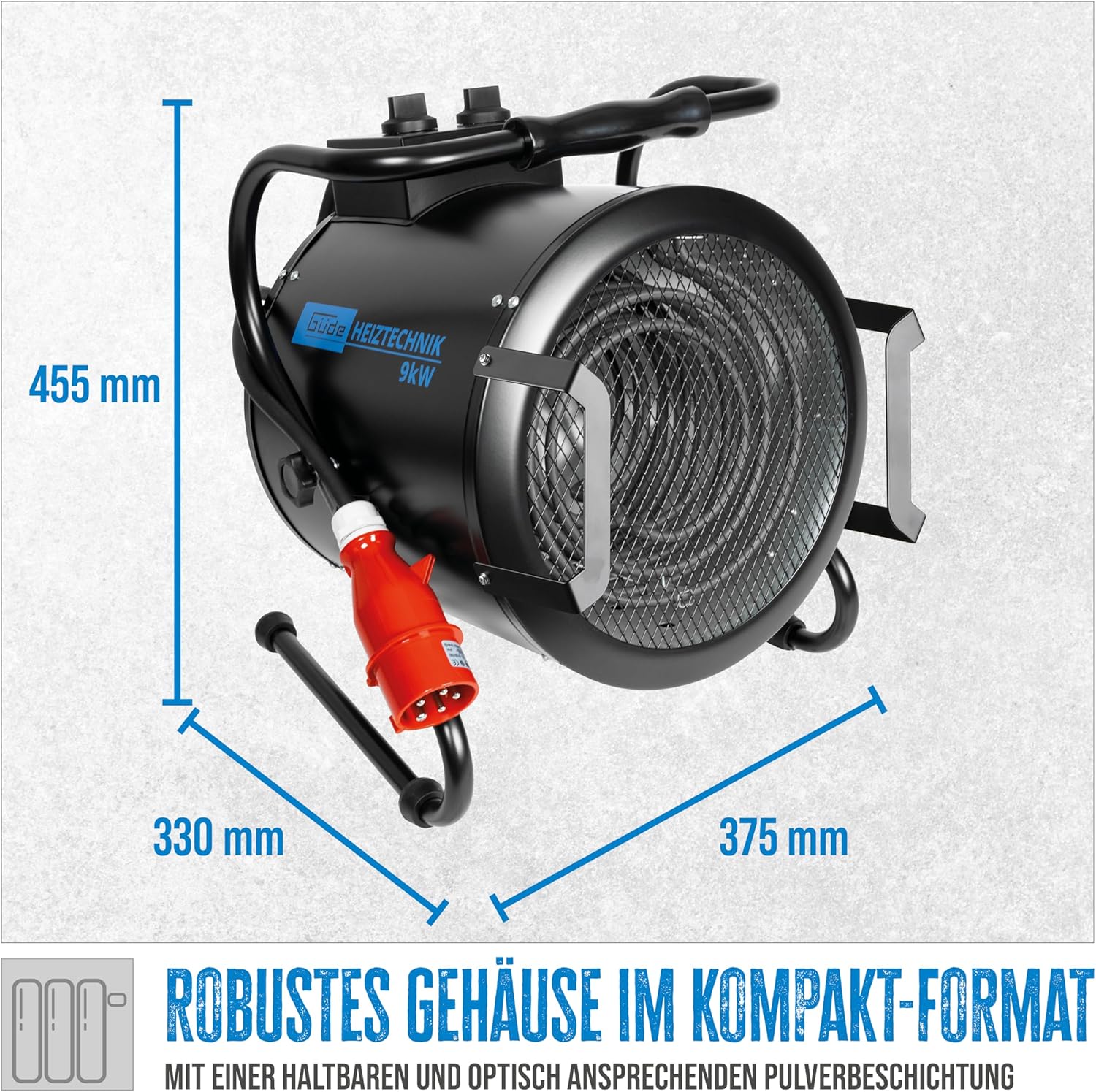 Güde Elektroheizer GH 9 E (9 kW, 2 Heizstufen 4,5/9 kW, Ventilatorfunktion, Gebläseleistung 742 m³/h, Neigungs- und Ausblaswinkel, Überhitzungsschutz, Kippschutz, stufenloser Thermostat)