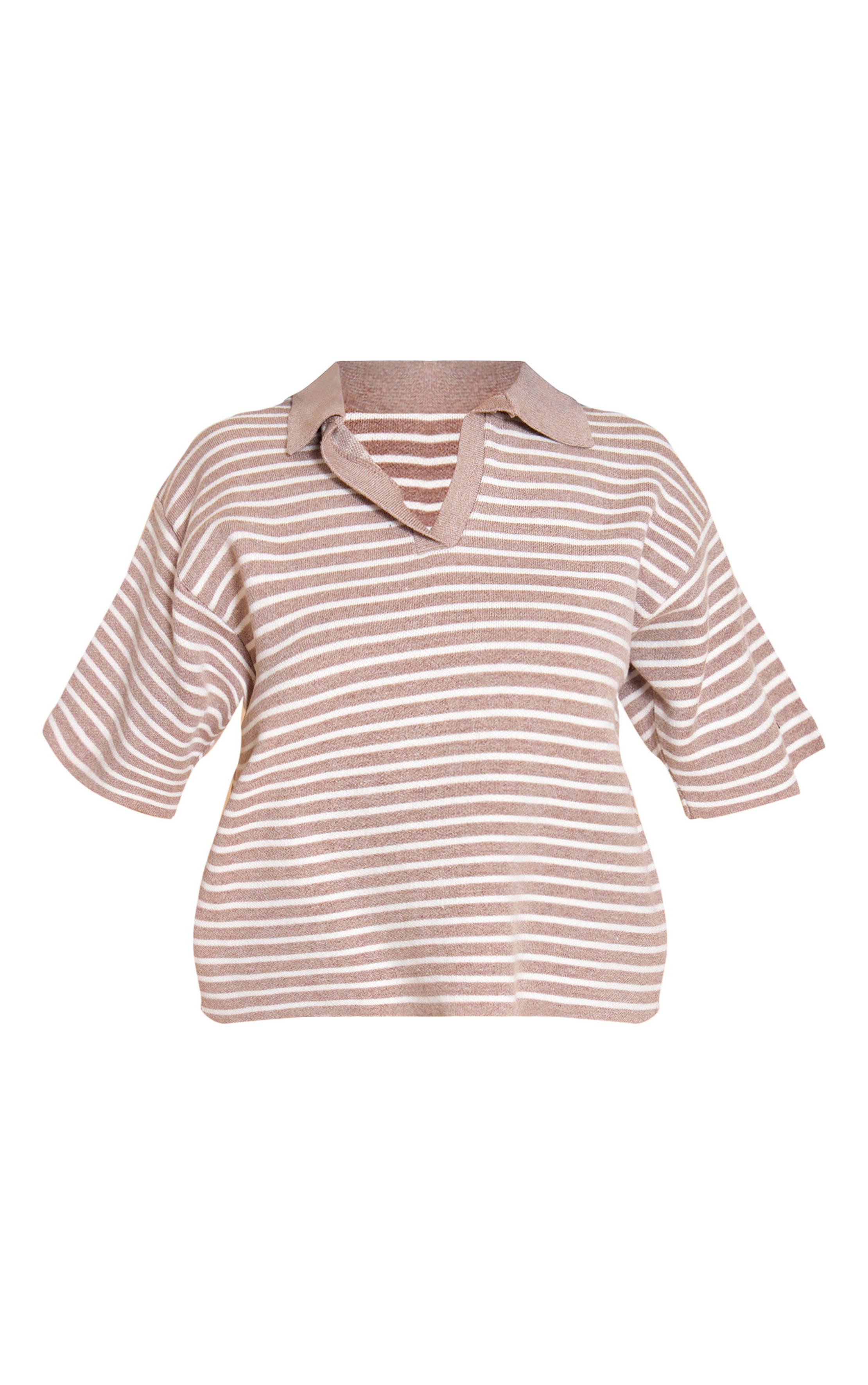 Taupe Haut Oversize À Col Rayé En Maille Petite