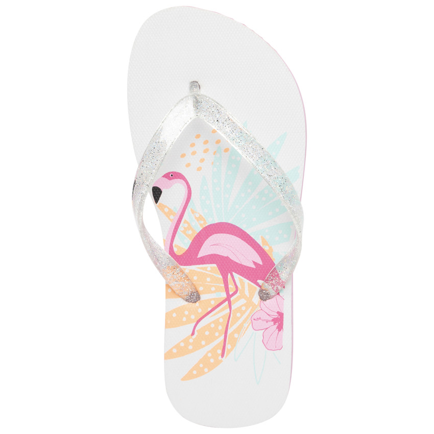 Tongs à bride pailletée print flamant rose pour fille avec lanière selon l'âge