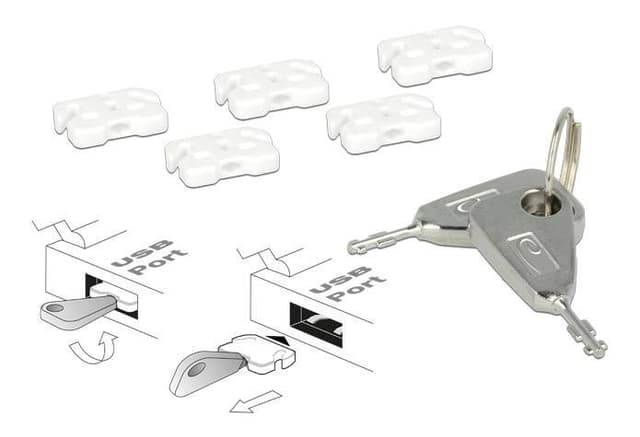 DeLOCK USB Port Blocker, 5 USB locks, 2 keys, white
