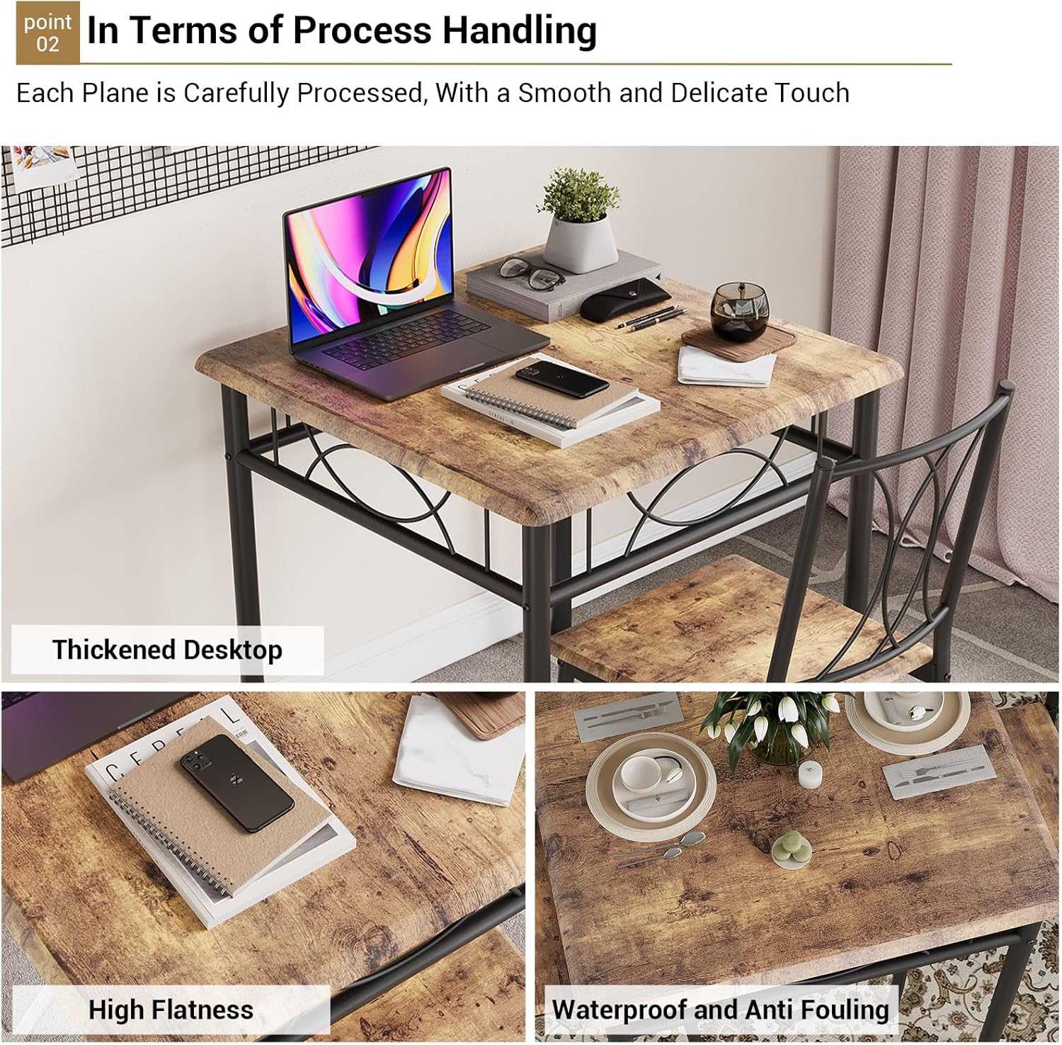 Garvee 1-Tisch-2-Stühle Esszimmer-Set, Retro-Stil Essgruppe mit MDF-Oberfläche & Eisenrahmen (100,5×76×16,2 cm)